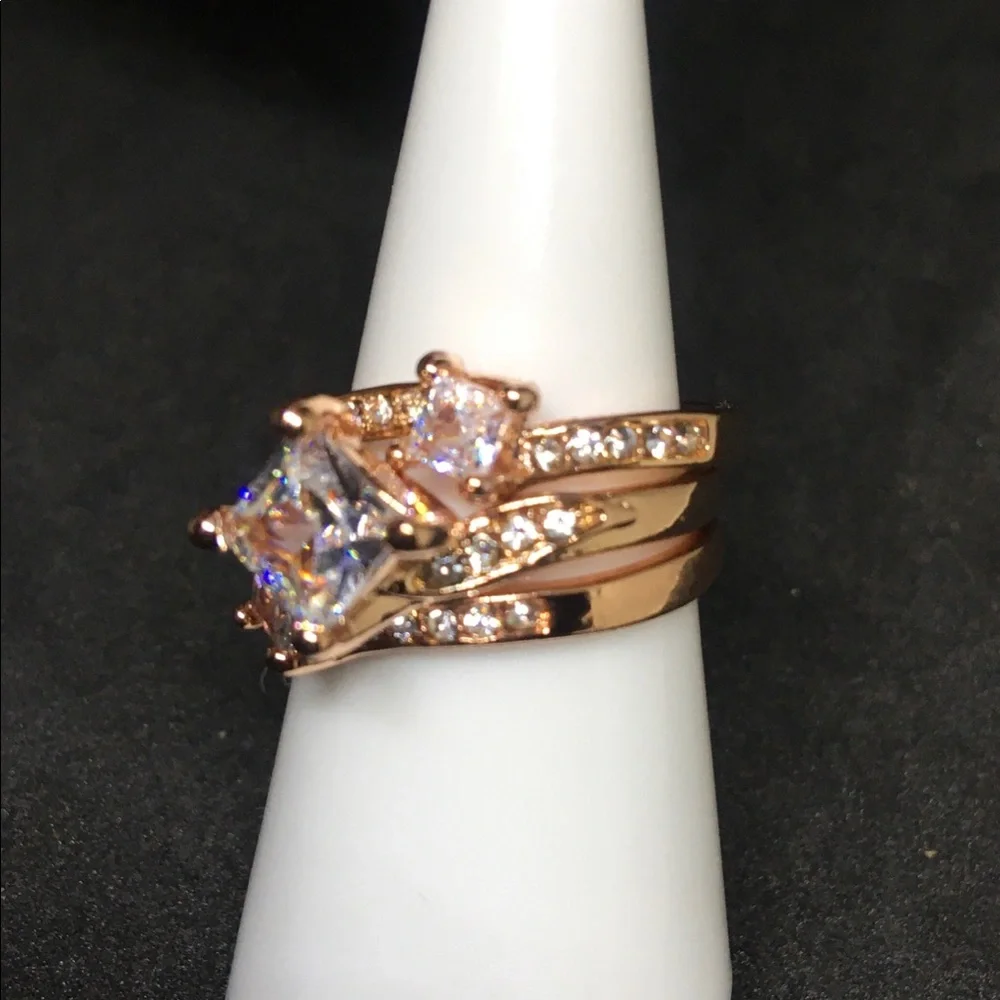 Rose Gold 3pc Engagement Ring & 2 Wedding Bands Set with Diamond Sterling Silver